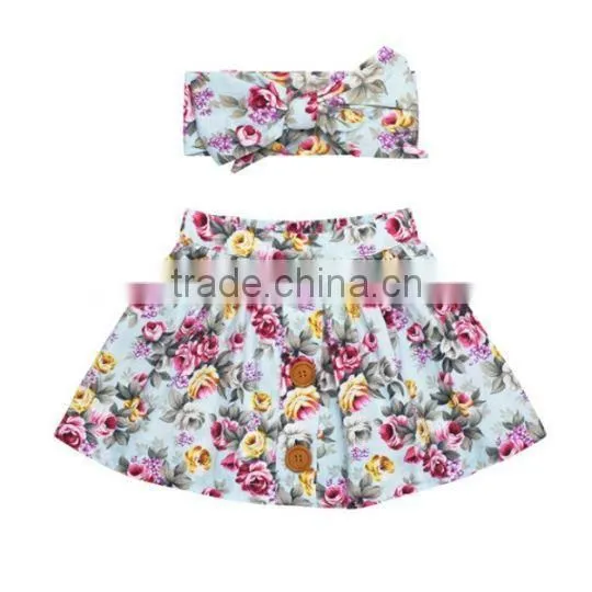 Summer Blue Flower Printed Dress Buttons Design Kids Clothes With Headband