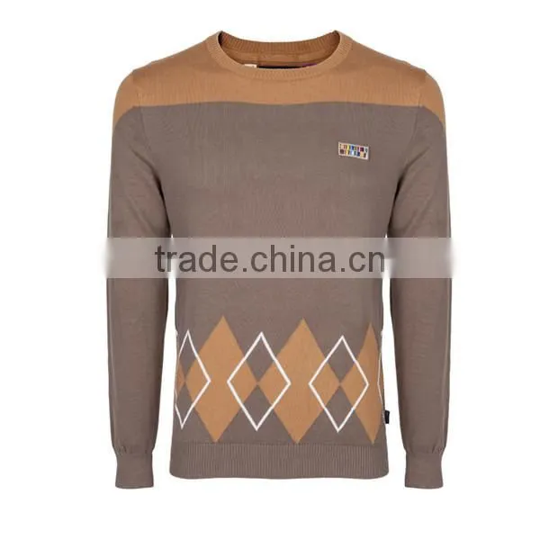 Men's ribbed embroidery applique diamond jacquard design pullover sweater