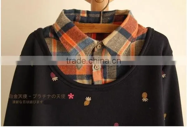 Spring and autumn lovely printed fake 2pcs long sleeve blouse designs fashion women plaid shirt