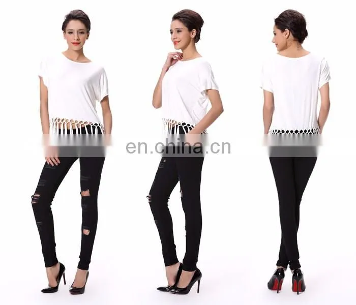 2016 Top Selling New Style Blank White Women T-shirt With Tassel