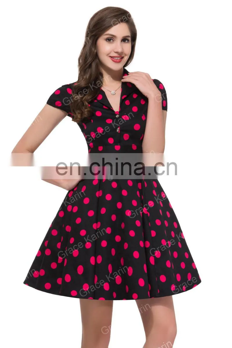 Grace Karin Girls Polka Dot Dress Cotton Cheap Short Sleeve Vintage Dress Rockabilly Dress CL6089-3#