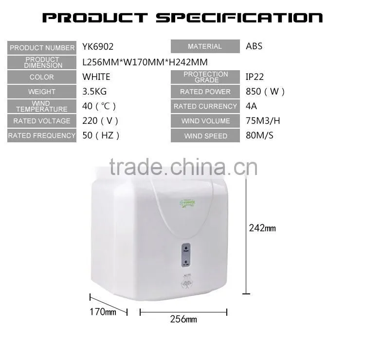 1200W hot sale warm/cold air High speed automatic hand dryer bathroom use CE/ROHS high quality YK6902
