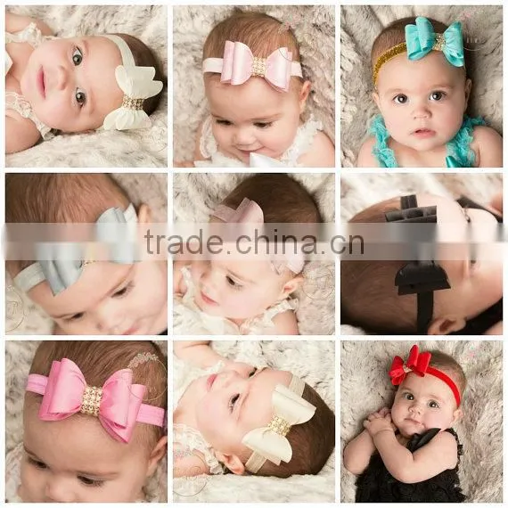 7cm Satin Rhinestone Hair Bow/ baby headband accessories/ glitter bowknot with diamond ribbon