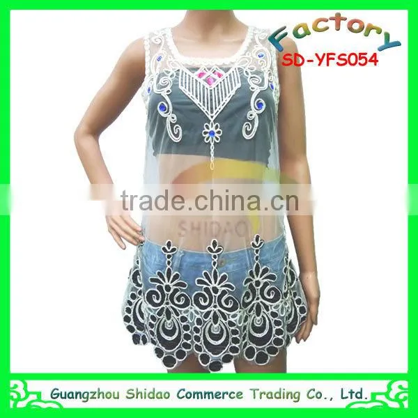 Manufacturer offer ladies embroidery white lace sleeveless blouse