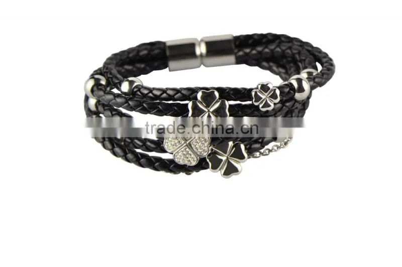 Charm Stainless Steel Black Leather Bangle 316L Leather Bracelet With Gold Balls and Flowers