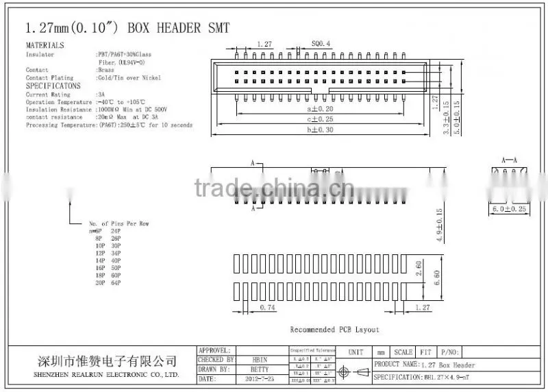 Connector 1.27mm pitch SMT electrical Box Header