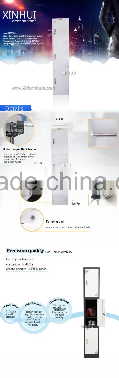 New Style Black And White 3 Door Vertical Steel Locker