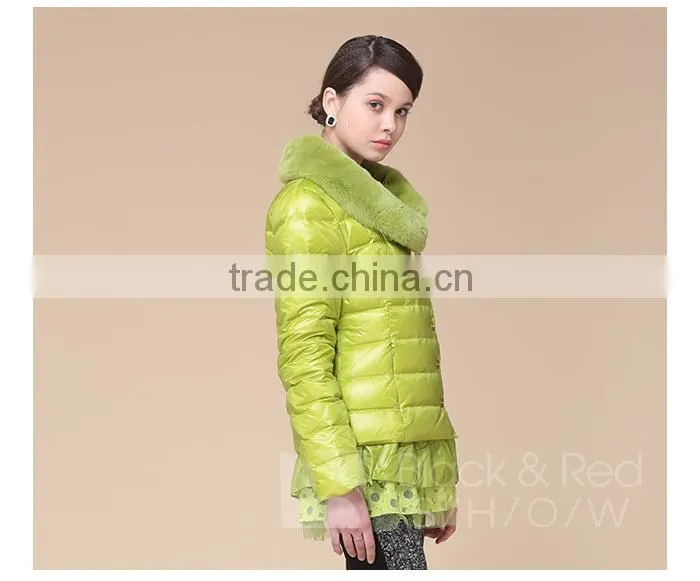 2014 New Design women jacket with lace bottom Big Fur Collar grass green Down Jacket/Women Jacket/Duck Down Jacket