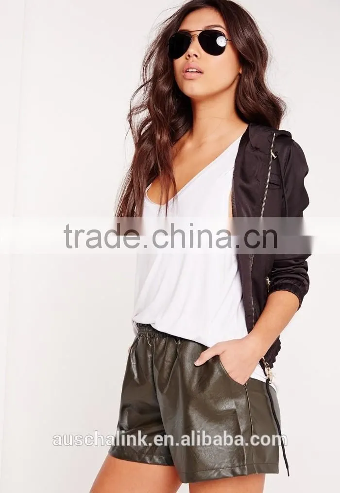 custom ladies khaki elasticated waist faux leather shorts