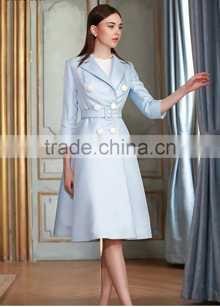 Classic Elegant Ladies Pinched Waist Solid Color Double Breasted Long windbreaker Wind Coat