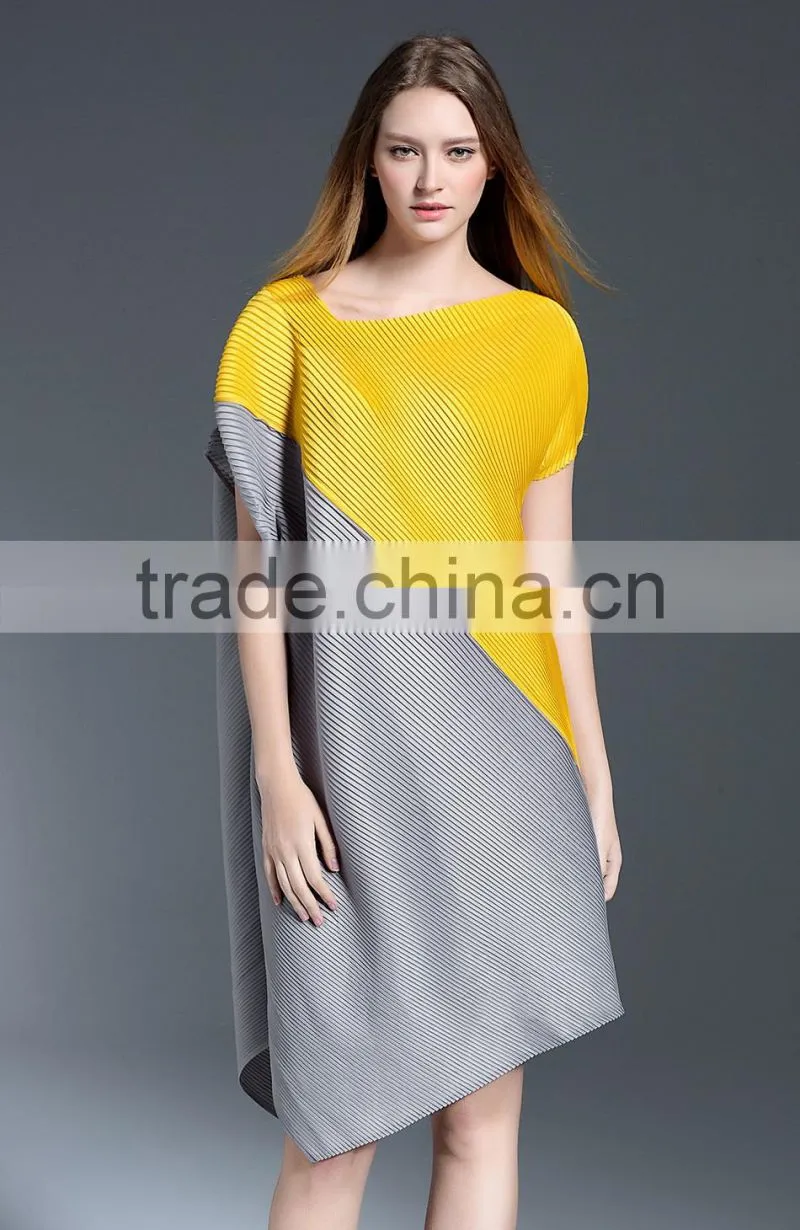 Women pleat trendy high low hem design sloping shoulder dress