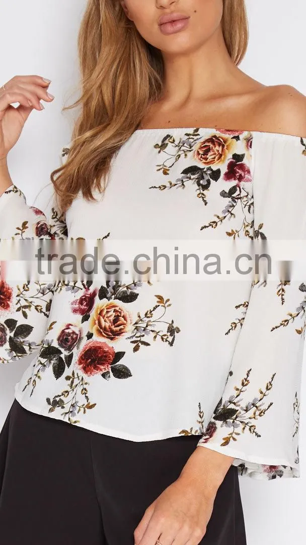 Hot Selling women casual floral printed off shoulder boat neck designs fashion long sleeve blouse for wholesale 2017