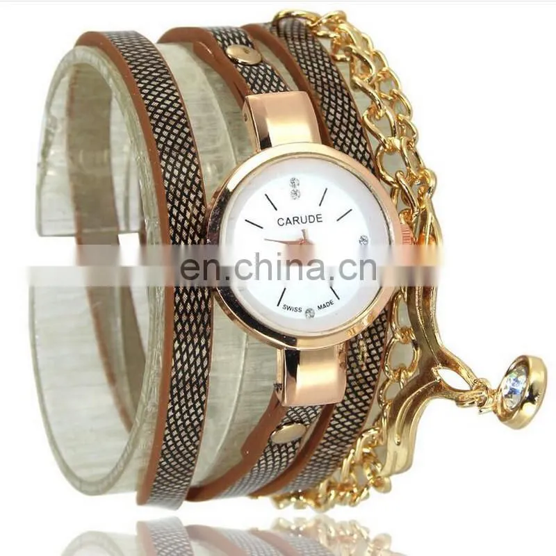 Rhombus Design Leather Charms Chain 3 Rolls Wrap Leather Bracelet Watch