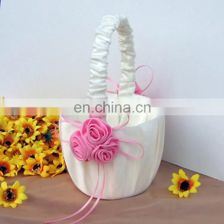 White guest book /pen holder/ring pillow/flower basket set with Pink rose decoration wedding favor dropship supplier