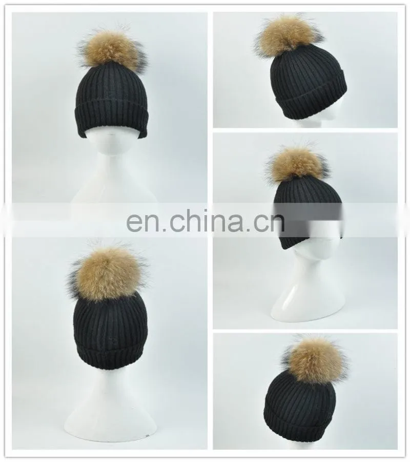 Kids Funny Hat With Big Genuine Raccoon Fur Ball Winter Knit Hat Baby Crochet