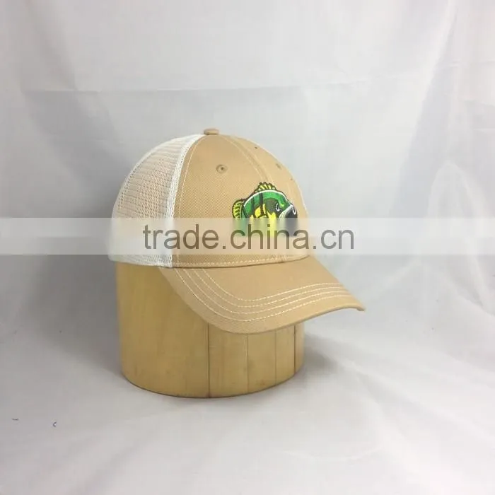 Custom fish embroidered cotton trucker hats plastic cover mesh baseball cap