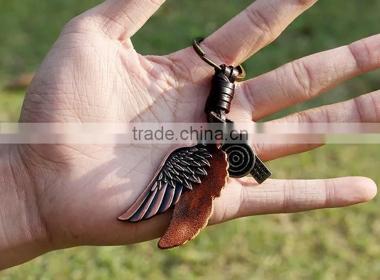 Custom Made Leather Keychain Genuine Leather Keychain with Metal Wing