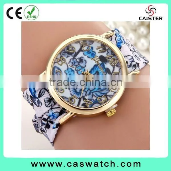 2016 geneva style floral ribbon watch, gold plated flowery face lady watch, vogue hot fashion lady watch
