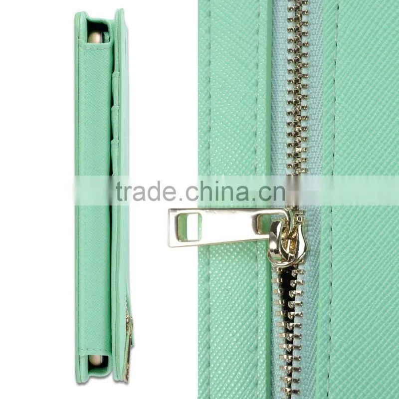 card holder green PU leather long wrist rope RFID blocking hand bag ladies