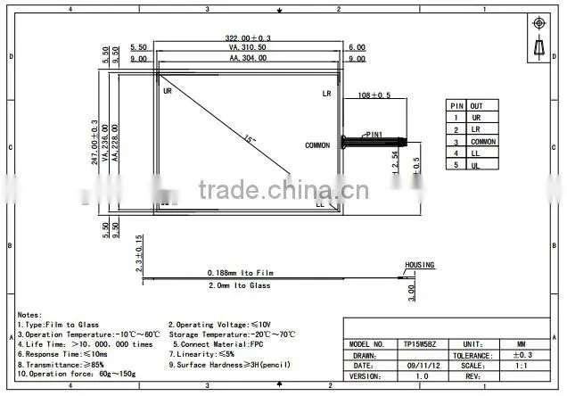 15"5wire Resistive touch screen,ITO film to glass screen with 2.54pitch,5pin line 4:3