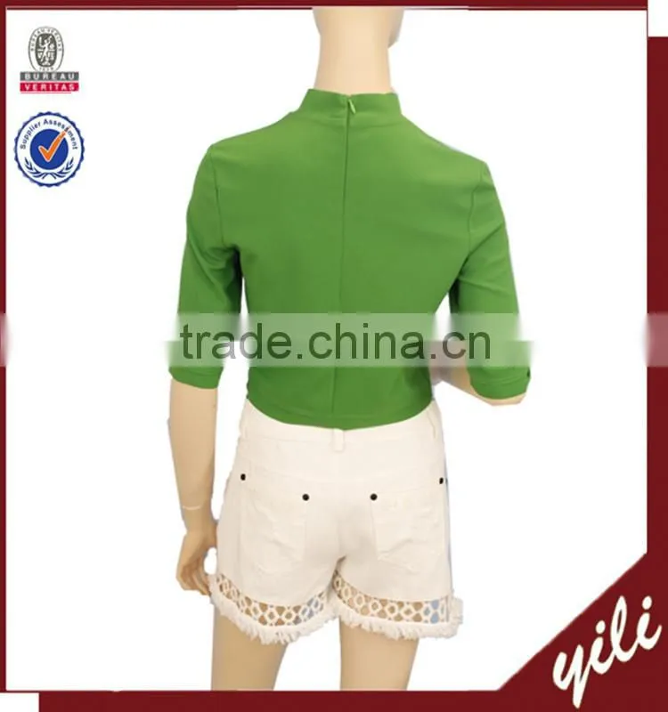 2016 new design 98% polyesters2% spandex cross front short sleeve back zipper green lady summer crop top