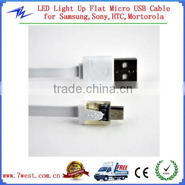 3M LED Light Up Flat Micro USB Data Cable Cord for Smartphone and Tablets