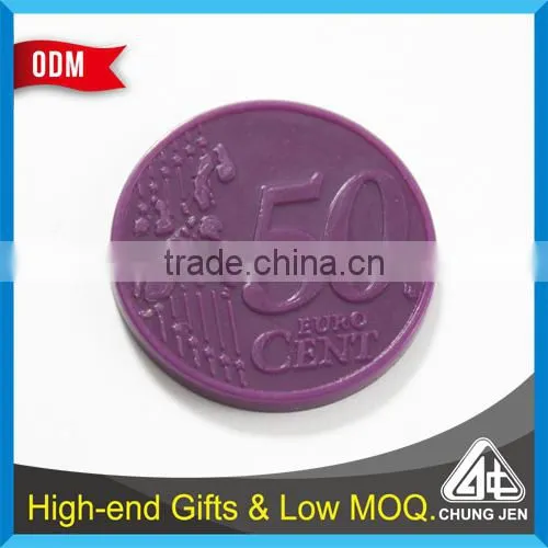 China Supplier custom colors 50 cent embossed plastic trolley coin