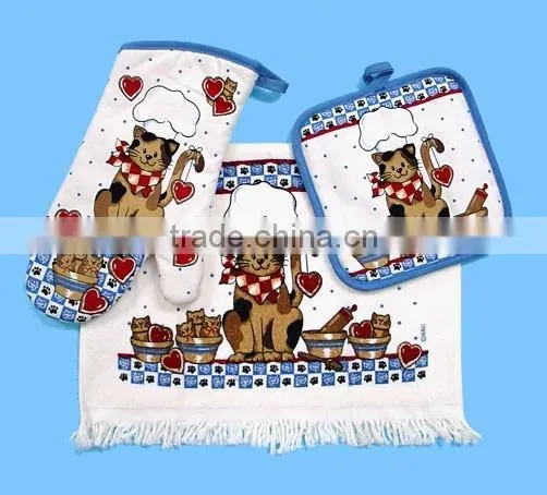 3 pcs pigment print cotton cooking kitchen oven mitten set
