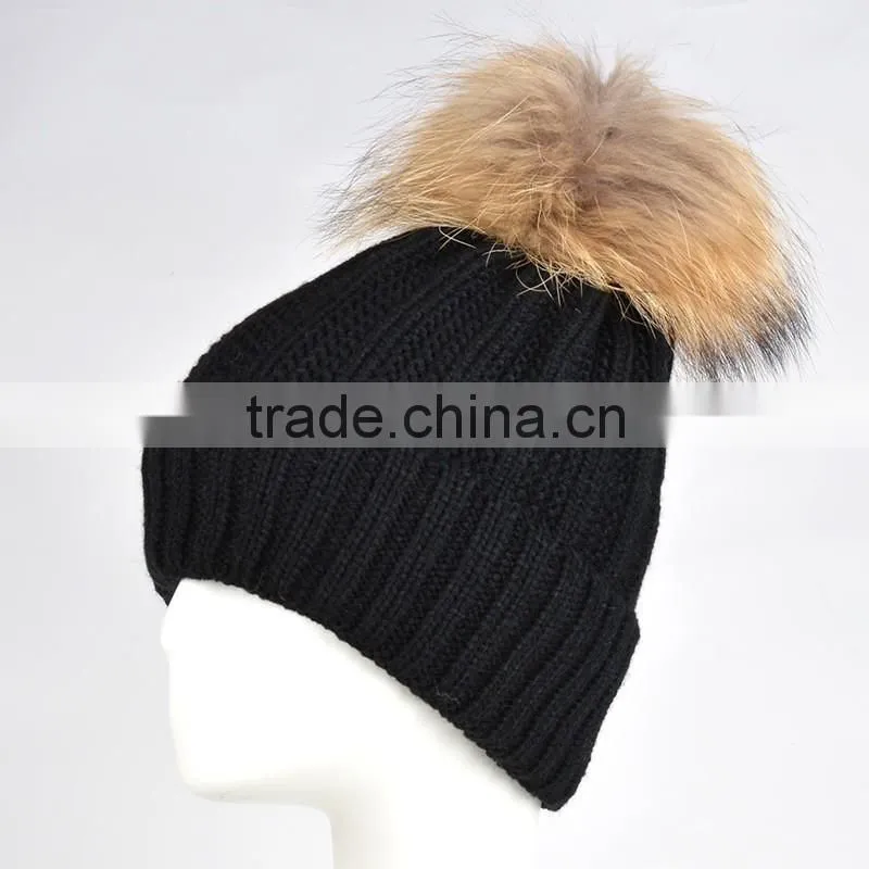 Winter Women Raccoon Fur Pom Pom Bobble Knit Braided Hat