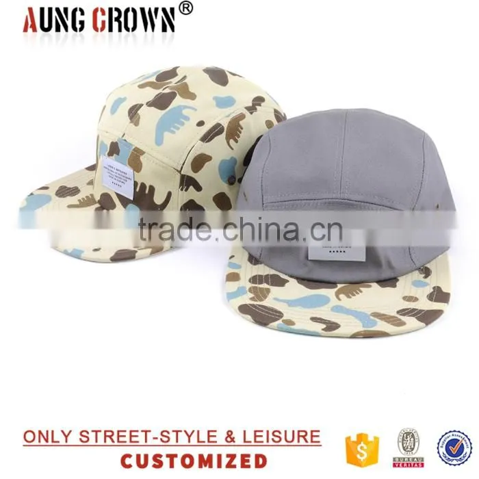 Flat brim 5 panel woven label custom fabric 5 panel camp cap