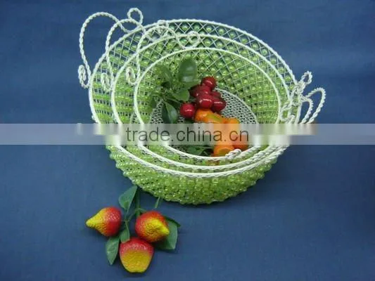 Round wire decorative with green pearl fruit handle basket