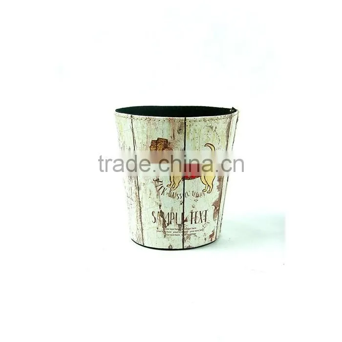 Cartoon Dog Print Waste Bin Faux Leather Open Top Standing Trash Can