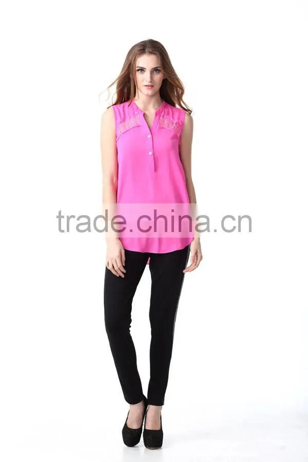 Fashion Design Sleeveless Back Pleated Woman Blouse