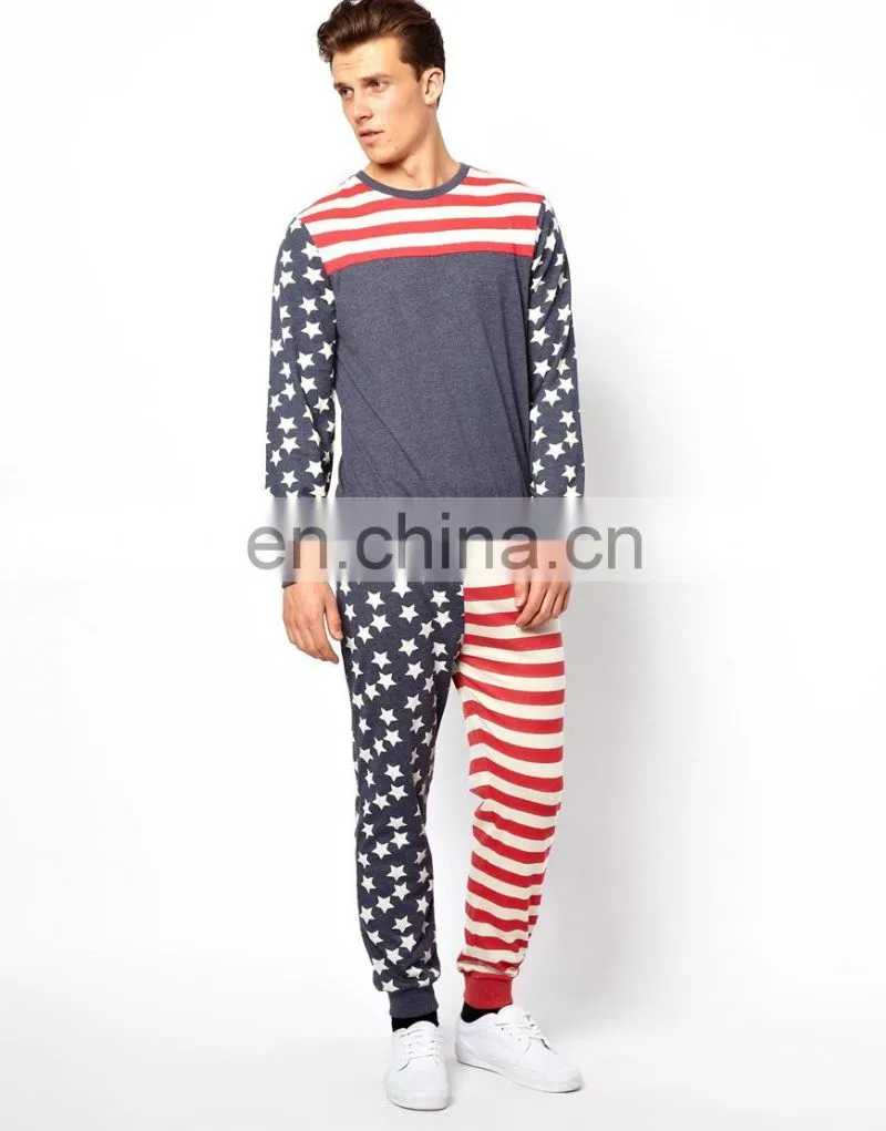 Men's Fashion round neck long sleeve fashion United Stars & Stripes T-shirt set design for man wholesaler in china model-sc128