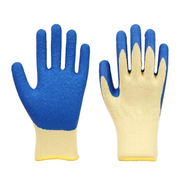 21s yellow polyester blue latex crinkl coate work glove