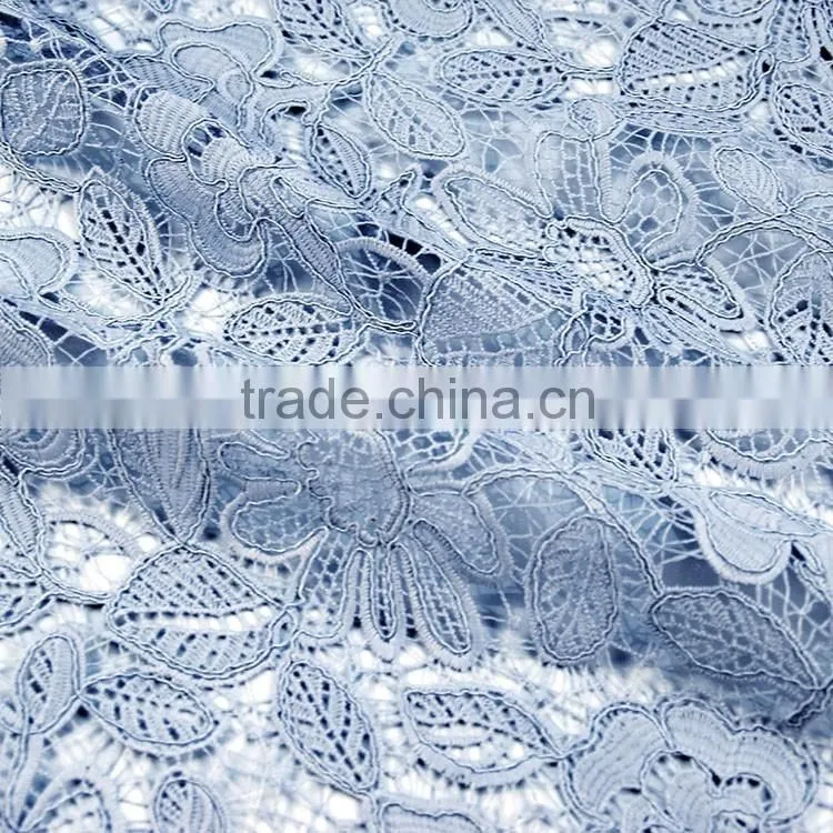 Custom promotion Soft light blue guipure fabric chemical water soluble lace for evening dress