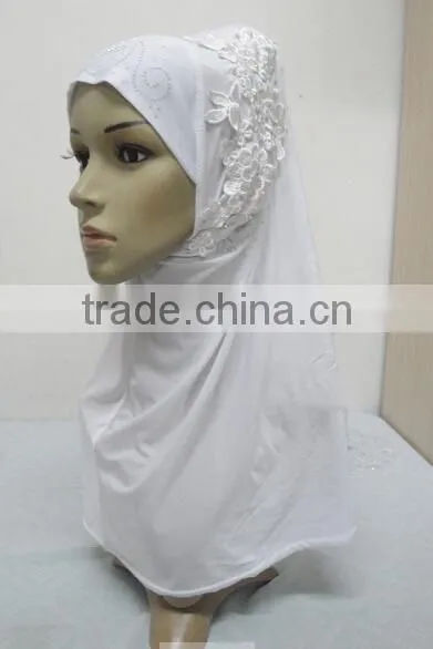 H274 latest one piece instant hijab with lace and rhinestones,muslim scarf