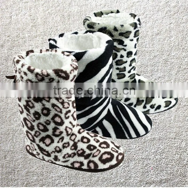 Ladies Non Slip SLIPPER Boots Leopard Faux Fur Indoor Warm Furry Slipper Boots