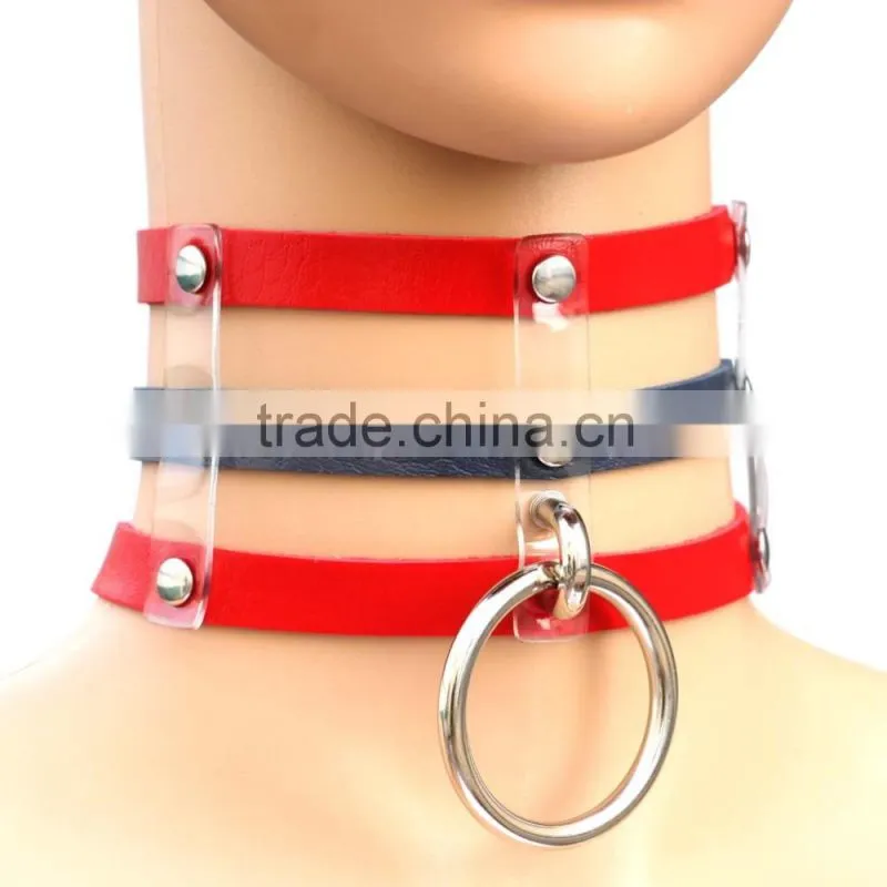 Punk Goth Rivets Choker Handmade Three Row Caged Necklace black Leather Big O Round Choker Collar Necklace Fashion jewelry