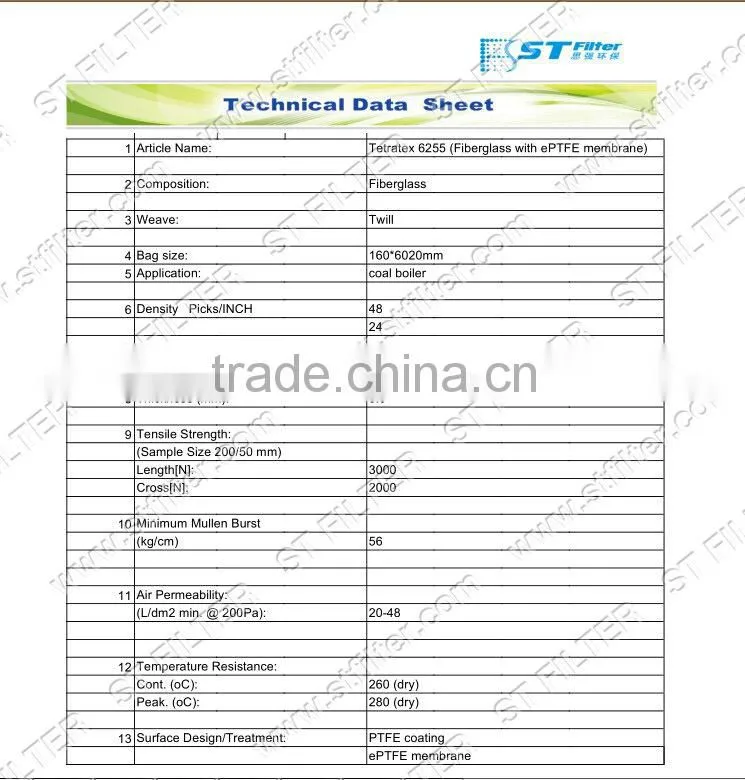 Dia160*5200mm,fiberglass twill filter bag for coal boiler