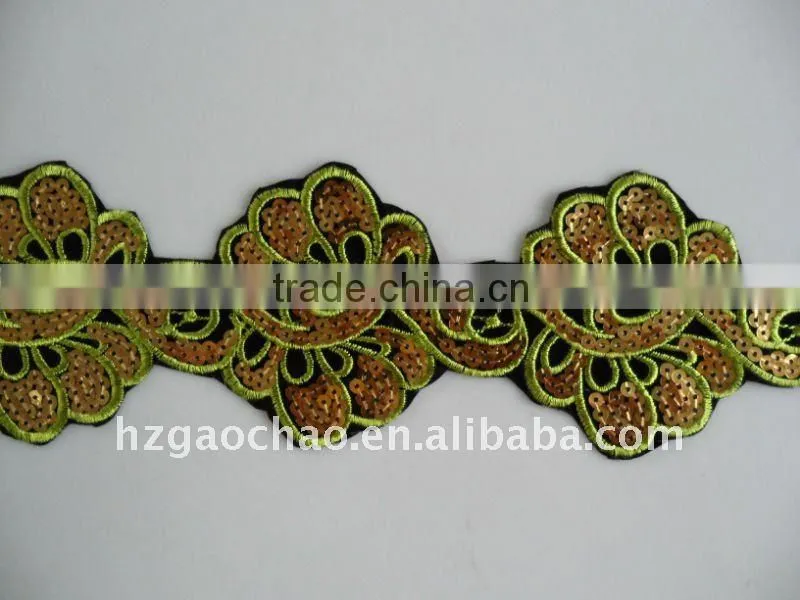 Classic gold Sequin Embeoidery Lace plant design