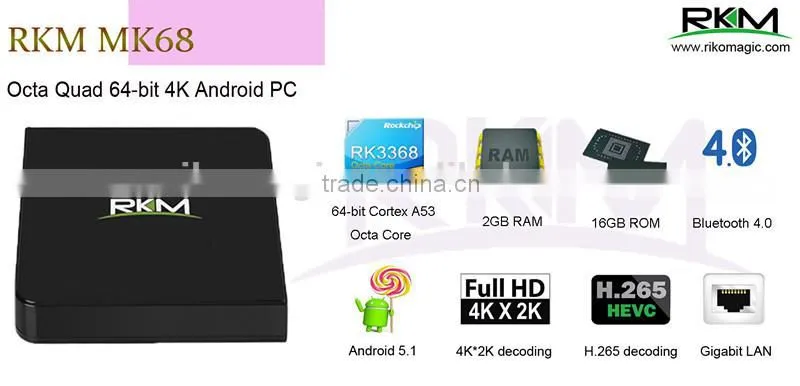 RKM MK68 Android 5.1 Smart Tv Box Rockchip RK3368 Octa Core 2.4GHz/5.8GHz Wifi ac KODI XBMC