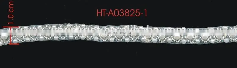 Cross Line Transparent Bugle White Pearls White Organza Trimming