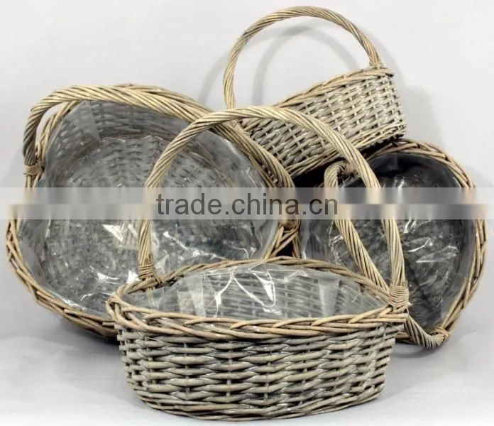 Set of 4 Grey Washed Wicker Heart Shaped Baskets with Handles