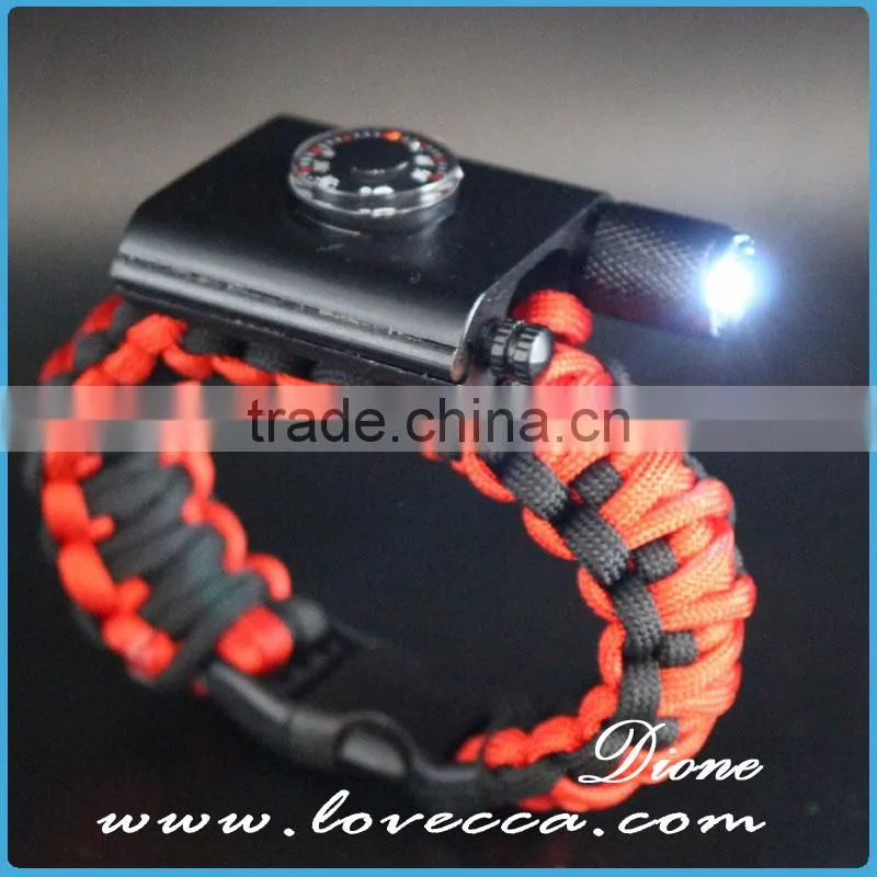 Outdoor Emergency First Aid Tool Kit Thermometer Firestarter Buckle Paracord Bracelet with LED Light