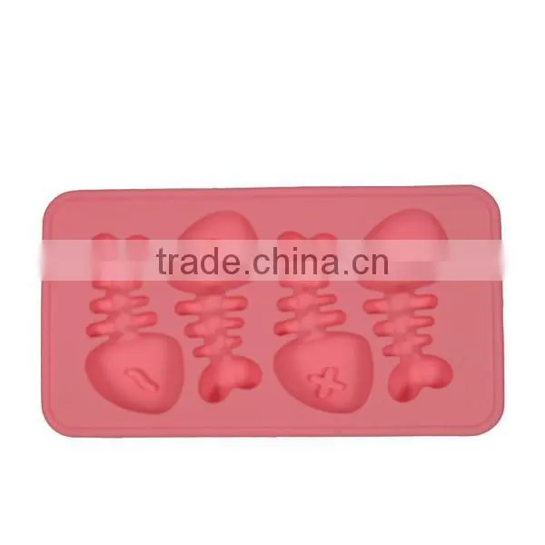 Fancy 4 cavity fishe bone shaped silicone ice cube tray maker