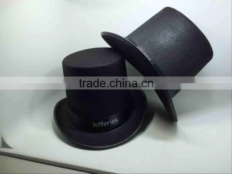 Fashion black round top hat with custom printing logo ribbon