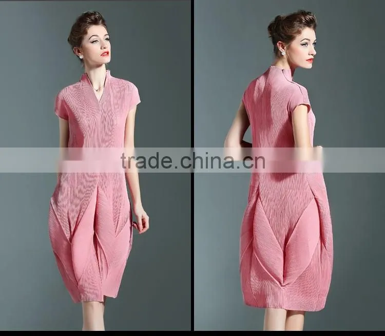 Solid colors women draped V neck lantern dresses with short sleeve