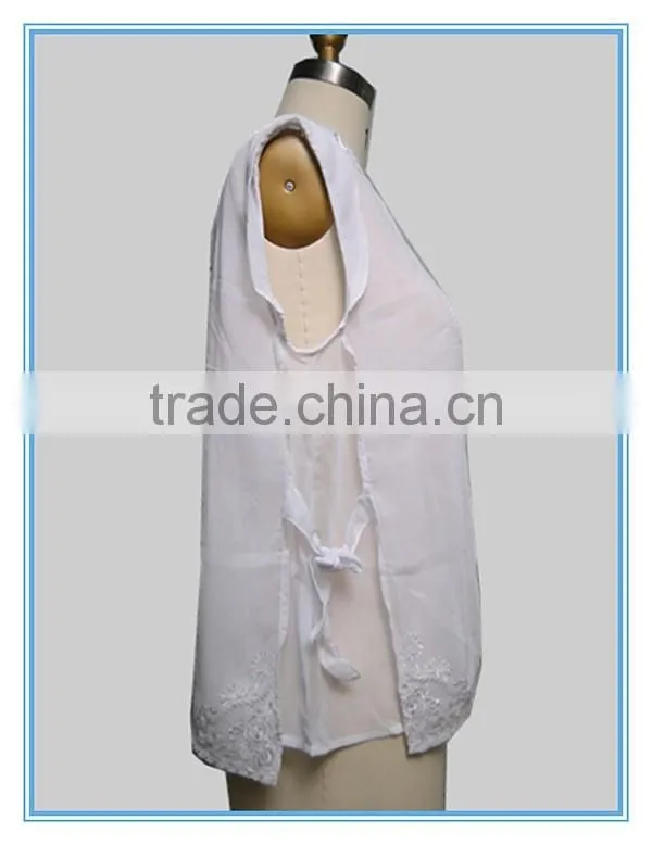 White Chiffon Embroidery Design Casual Blouse For Fat Woman Clothing