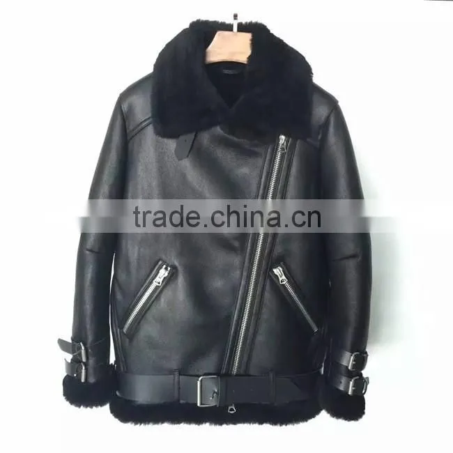 2016 New Fashion Women Winter Sheepskin + Sheep Fur Genuine Leather Jackets Lady Motorcycle Red Black Coat Outerwear Hot Sale